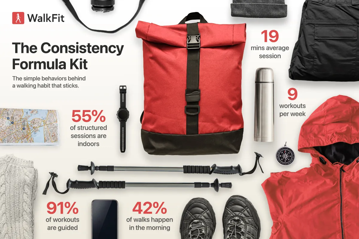 The Consistency Formula Kit: the simple behaviors behind a walking habit that sticks — 42% of walks happen in the morning, 19-minute average session, 9 workouts per week, 91% of workouts are guided, 55% of structured sessions are indoors