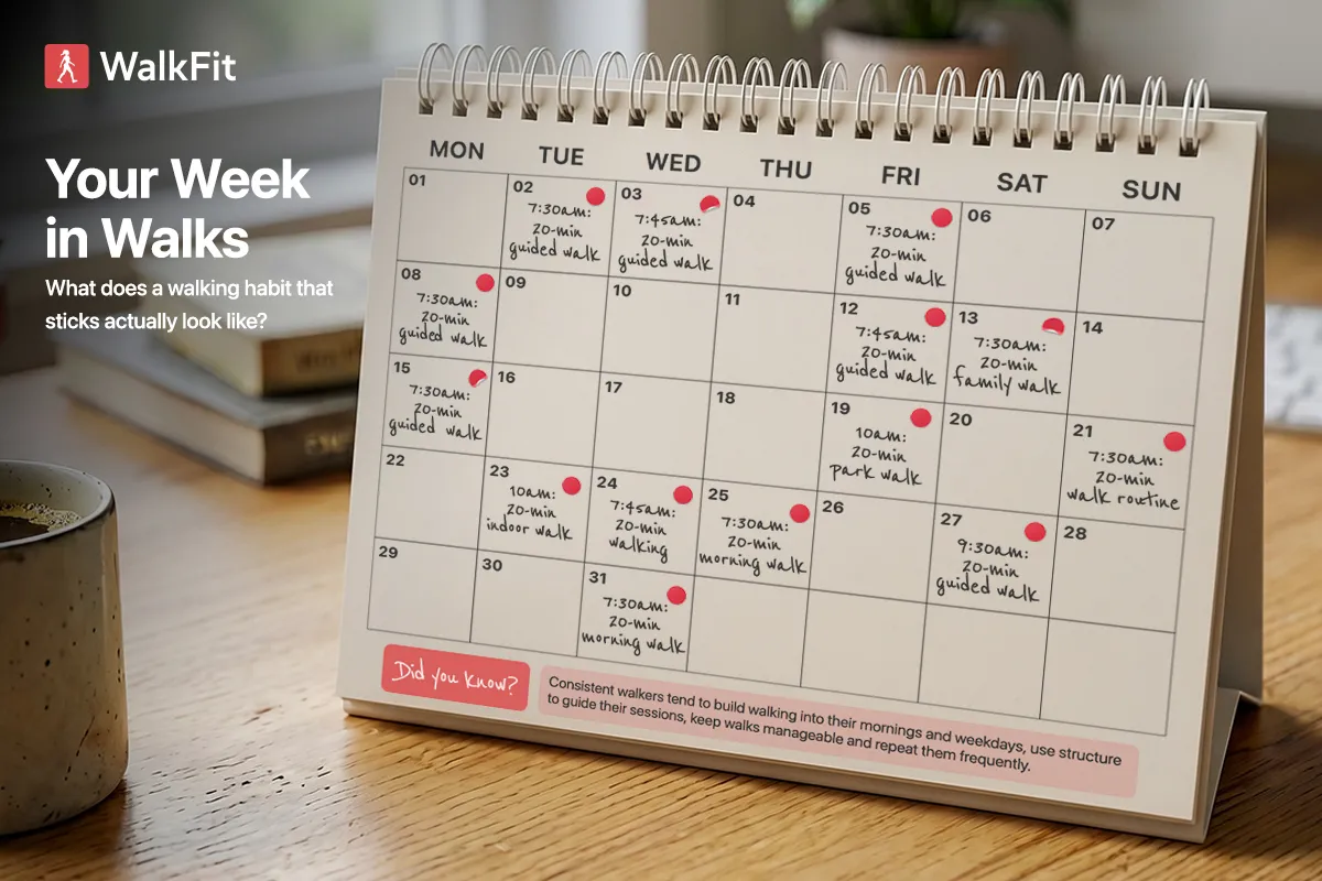 Your Week in Walks: a monthly calendar filled with short 20-minute walks, most of them at 7:30–7:45am on weekdays — consistent walkers build walking into their mornings and weekdays, use structure to guide their sessions, keep walks manageable and repeat them frequently
